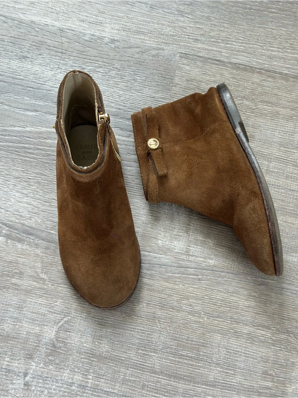 Janie and Jack Chestnut Suede Ankle Booties with Gold Accent